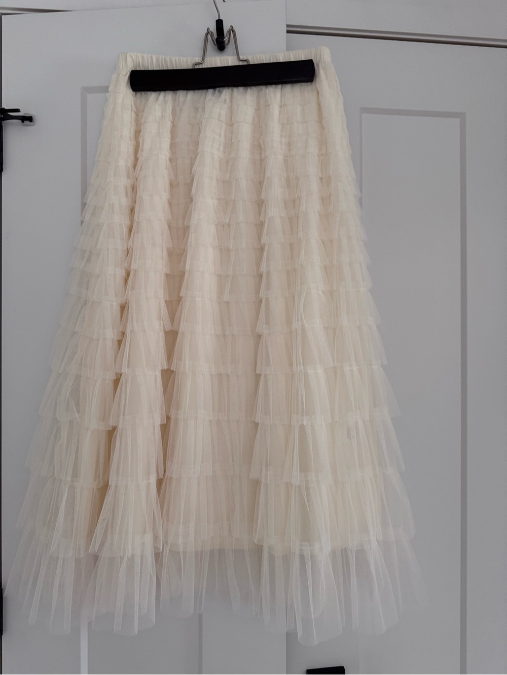 Cream Tiered Tulle Ruffle Midi Skirt